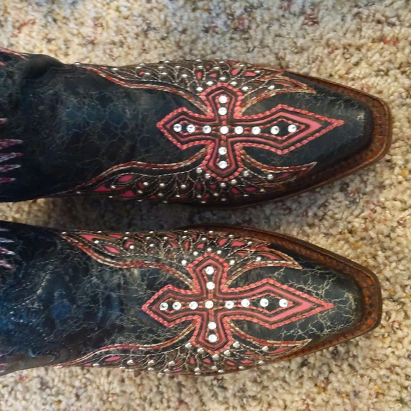 CORRAL A1049 pink/black Wing & cross snip toe blingy cowgirl western boots sz 6 - Picture 11 of 16